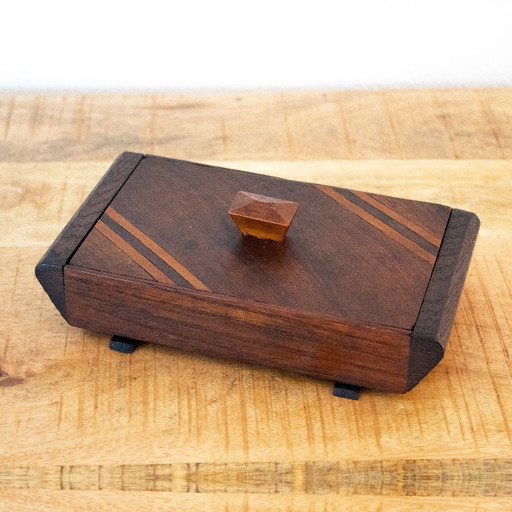 Boîte en bois ancienne de style Art déco des années 1930, à motif géométrique