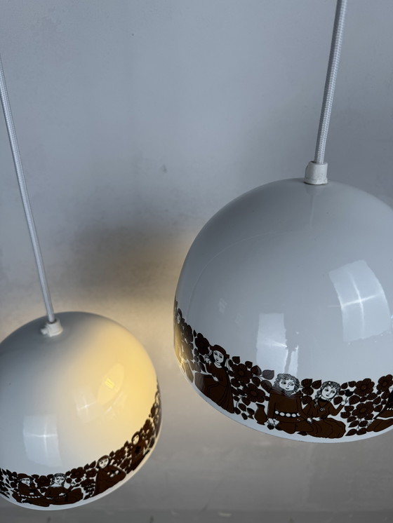 Image 1 of  Set of 2 Enamel Pendant Lamps by Kaj Franck for Fog & Mørup – “Tanssi” Folklore Design cm ⭐️ Designed by Kaj Franck for Fog & M