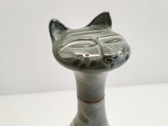 Image 1 of Vintage likeurfles uit de jaren 60 met kattenmotief, keramiek, jaren 60, zie handtekening.