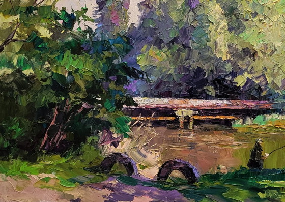 Original Oil Painting Summer Nature Landscape Bridge Alone With The River – Paintings & Drawings, Canvas (photo 6 of 7)