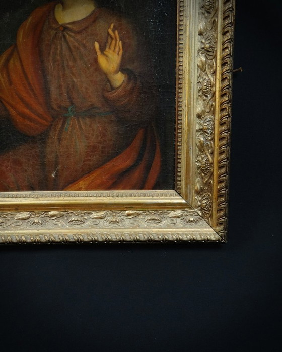 Image 1 of San Giuseppe con in mano un giglio, olio su tela scuola francese del XVIII secolo 51x48 cornice in legno dorato