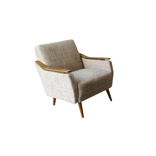 Sillón de mediados de siglo en madera y tela gris - años 50