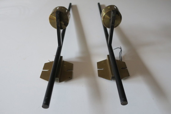 Image 1 of Pair of Brass and Opaline Glass Wall Lights, Stilnovo Period, Italy 1940s-50s