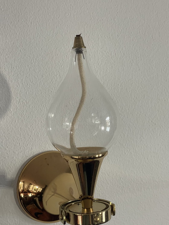 Image 1 of Lampade a olio in ottone di Freddie Andersen, Germania, 1970, con peso a perlina. Set di 2 candele "Clear Drops".