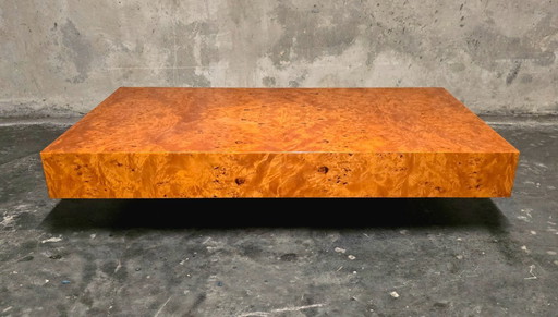 Table basse Jean-Claude Mahey pour Roche Bobois, placage de loupe d’orme, années 70
