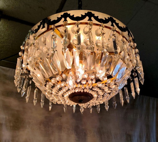 Plafonnier corbeille en verre et laiton - mid.XXeme
