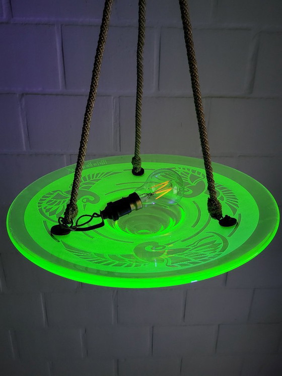 Image 1 of Very rare French Art Deco uranium chandelier from ca. 1925 by André Delatte with etched bird motif