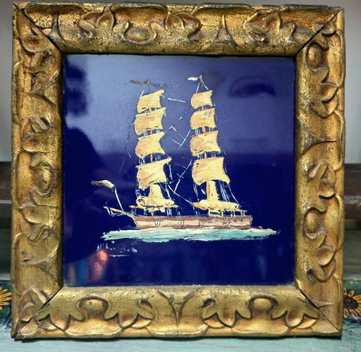 Cuadro Azulejo vintage pintado a mano, firmado y enmarcado | Decoración marinera