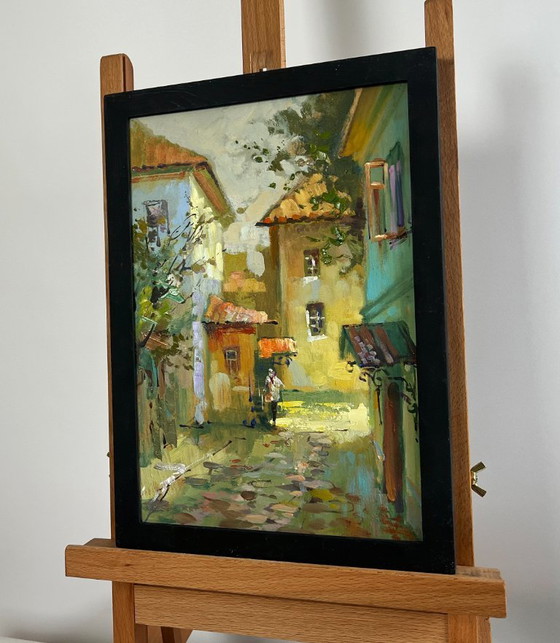 Image 1 of Original Oil Painting Evening City Landscape Fresh air from the streets