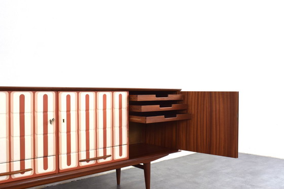 Image 1 of Mid Century Op-Art Handbemaltes Teakholz Sideboard, 1960er Jahre