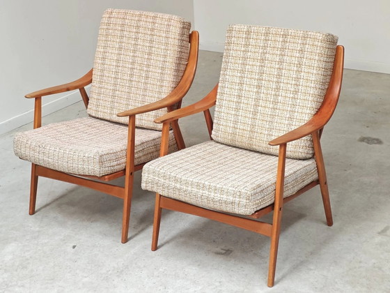Paar Boomerang-Stil Sessel aus ecru-beigem Stoff, 1960er Jahre. – Wood, Scandinavian (photo 12 of 20)