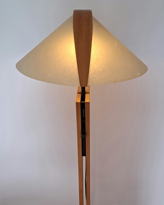 Image 1 of Lampadaire Domus 6502 – Réglable – Bois de hêtre et abat-jour Lunopal d'origine – Fabriqué en Allemagne