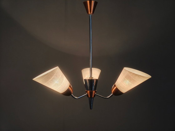 Image 1 of Mid-Century Pendant Light, Copper and Chrome, Czechoslovakia, 1970s