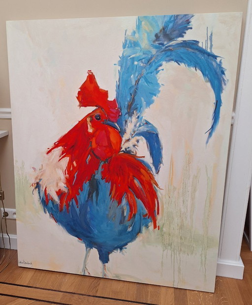 Large painting of blue and red rooster