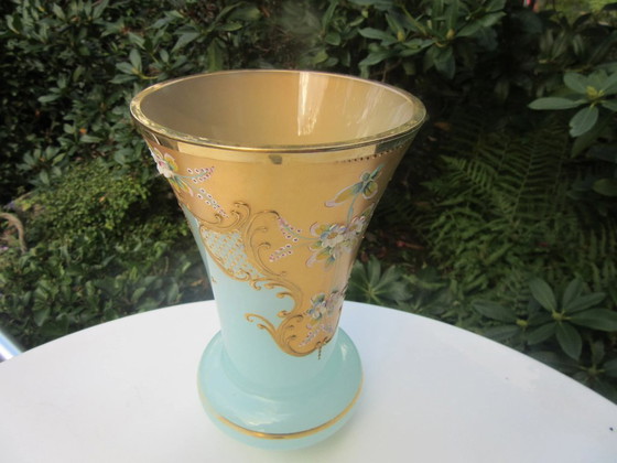 Image 1 of Art Nouveau Vase Large Heavy Enameled Turquoise Gold  