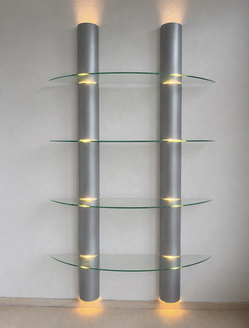 Vitrine/étagère à 2 colonnes et 4 étagères en verre
