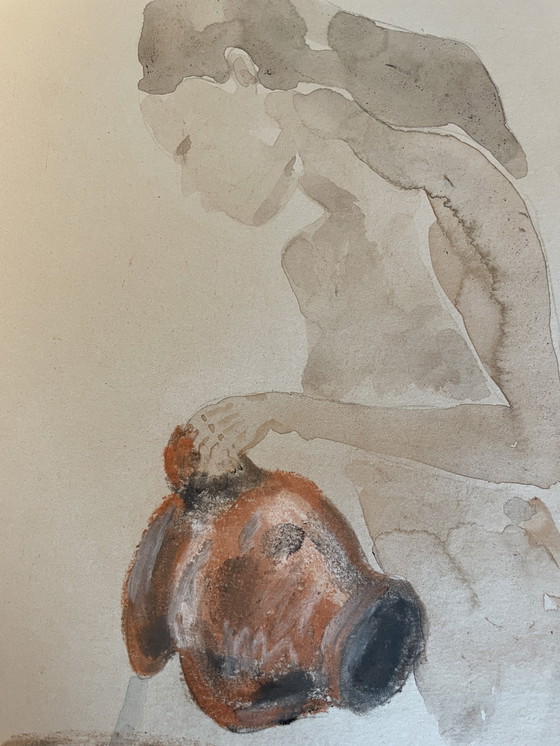 Image 1 of Ritratto di donna e natura morta in stile orientalista con acquerello pastello