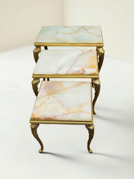 Mid - Century Hollywood Regency brass onyx 3 set tables side tables 1960s