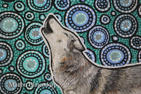 Image 1 of Origineel Handgeschilderd Schilderij "Howling Wolf" 29x29 cm