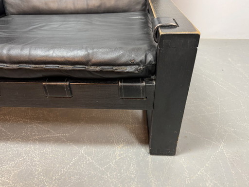 Beautiful Mid-Century Set of 2 Black Leather Brutalist Lounge Chairs, Designed by Sonja Wasseur (Amsterdam). 1970s.