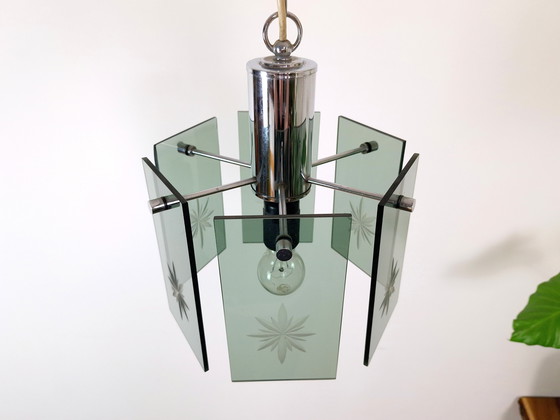 Image 1 of Mid-Century Modern Pendelleuchte, Made in Jugoslawien, EMI Poljčane, 1970er Jahre Modernes Licht, Grünes Rauchglas, Space Age, A