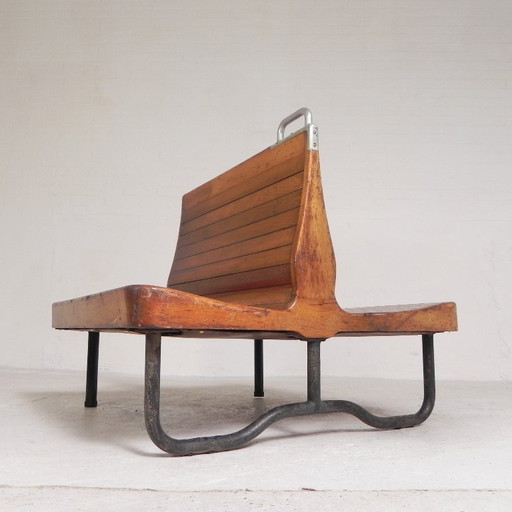 Double-sided teak train bench, 1930s