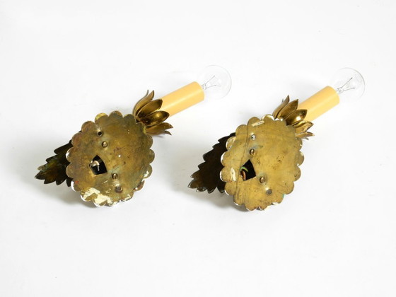 Image 1 of Two beautiful original Mid Century Modern floral wall lamps made of brass with high-quality lampshades