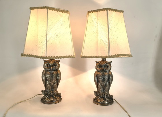 Image 1 of Coppia di lampade a forma di gufo in argento di Loevsky & Loevsky, anni '60