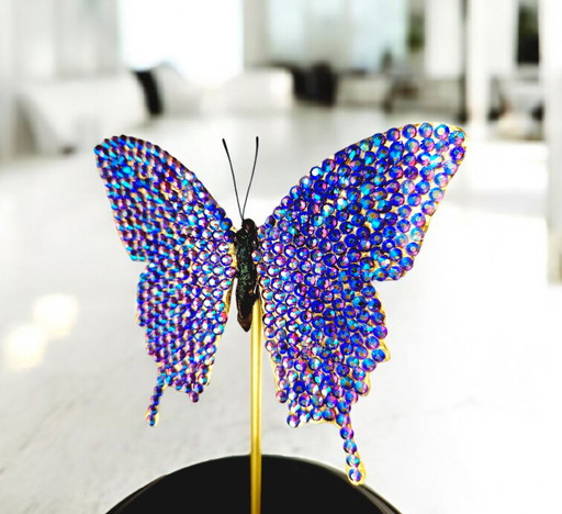 Genuine Butterfly With Swarovski And 23ct Gold Gilded Mounted Under Glass Dome