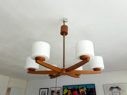 Vintage Mid Century Modern Teak Pendant Lamp Large Teak Frosted Glass – hanglampen, Wood