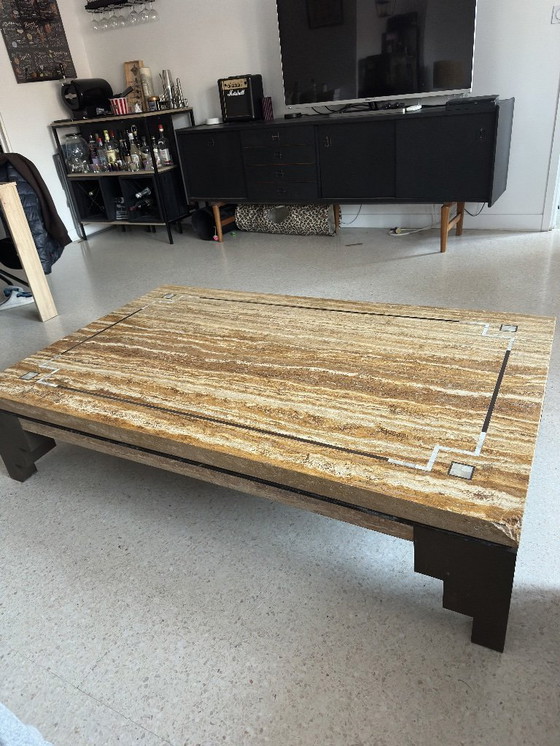 Image 1 of Travertine coffee table with mother-of-pearl inlays