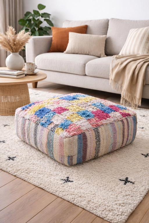 Handgefertigter Berber-Pouf aus 100 % Naturwolle