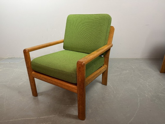 Image 1 of Mid-Century Design Set of Lounge Chairs in Solid Light Oak and Fresh Green Fabric Upholstery Attributed to Juul Kristensen
