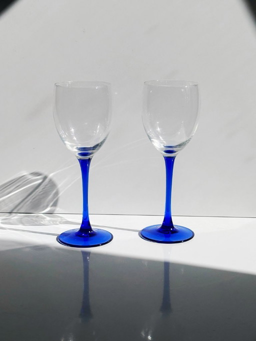 6 Bicchieri da vino francesi d'epoca in cristallo Blu Luminarc anni '80 Azzurro Azzurro Cobalto Ultramarino