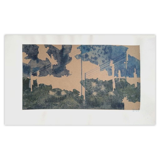 Monique PEHEM (BRETON-PROUTÉ) Paesaggio con fili elettrici Acquaforte firmata 1997