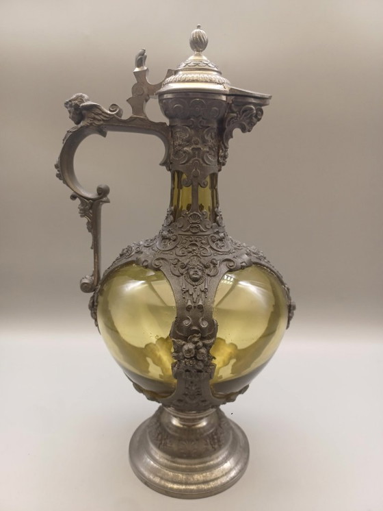 Image 1 of Antica brocca in stile rinascimentale in peltro e vetro, Germania, 1880