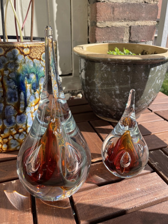 Image 1 of Ozzaro Studio-Kunstglas „Regentropfen“, signiertes orange-rotes Kristall aus Böhmen