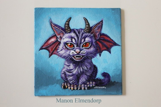 Unique Hand-Painted Fantasy Art Cat Painting, Paintings & Drawings, Canvas, Wood, Purple, Figuratief (photo 3 of 5)