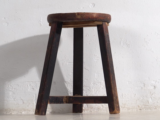Antique dark colored round stool (c.1900) #11, Wood, Brown, Rustic (photo 14 of 16)