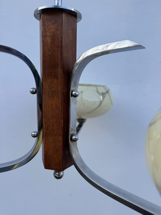 Image 1 of Lampadario Art Déco in cromo e vetro opalino marmorizzato