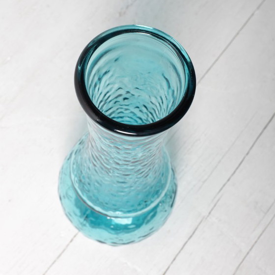 Image 1 of Turquoise Stylish Glass Flower Vase / Bibi Teal Hammered Textured Glass Vase / Italy / 1980s