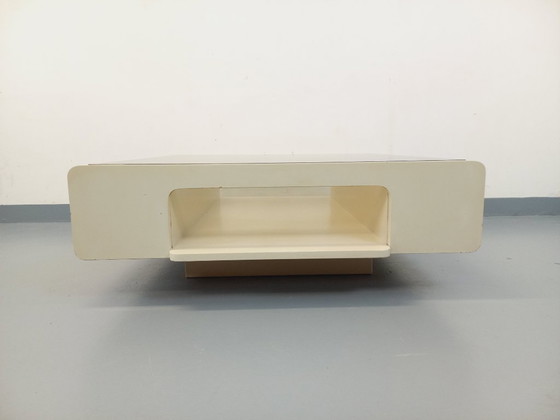 Image 1 of Vintage square coffee table in Space Age style, made of white wood and smoked glass, from the 1970s