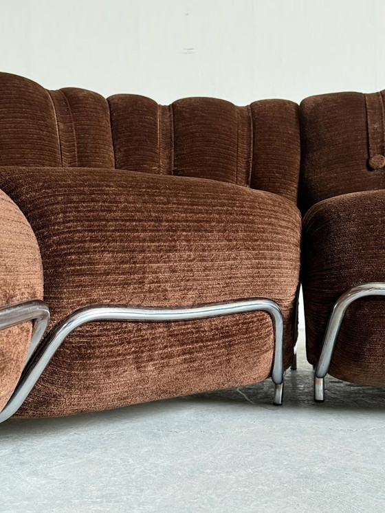 Image 1 of Mid-Century Cloud Sectional Sofa in Dark Brown Striped Fabric Upholstery and Chromed Steel, Italy 1970s
