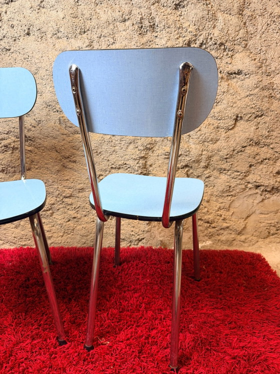Pair of blue Formica chairs - Vintage 70s, Dining chairs, Metal, Chrome, Black (photo 6 of 15)