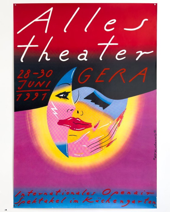 Image 1 of 🎭 Alles Theater Gera – 1991 – Originele vintage poster van Roman Kalarus | 98 × 68 cm | Duitsland