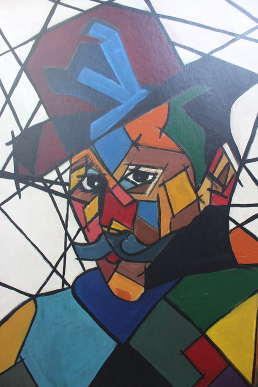 "Man in Hat" Contemporary Cubist Style Figurative Acrylic Painting Framed