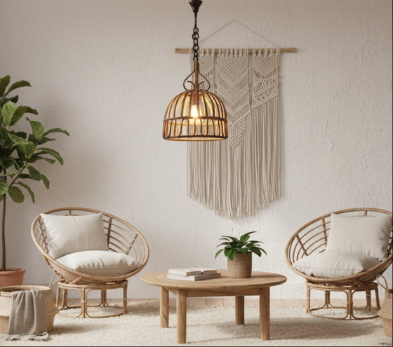 Image 1 of Mid Century French Riviera Style Bamboo Pendant Lamp by Franco Albini from the 1960's