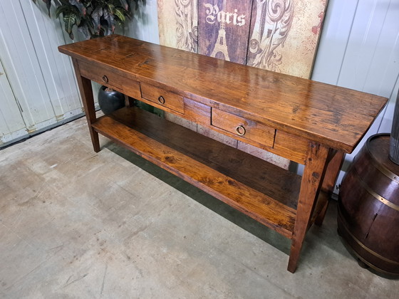 Image 1 of Klassieke Geleefde Teakhouten Sidetable, Wandconsole, Haltafel, Afmetingen 180 x 45 cm en 80 cm Hoog