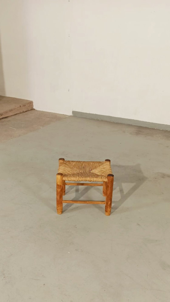 Image 1 of Vintage low stool, wood and wicker 