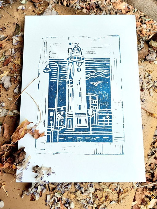 Linocut lighthouse, a4 lino print